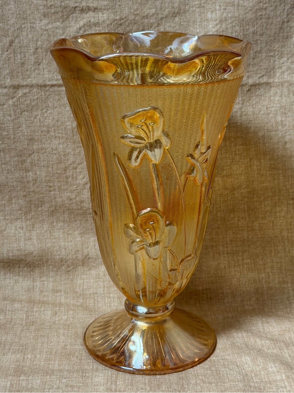 Vintage Jeanette Iris and
Herringbone Carnival Glass 9 in
Marigold vase 1950's